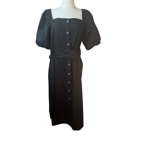 2/$30 J.Crew M Black Midi Dress Puff Sleeves & Button Front With Wide Sash - Picture 5 of 15